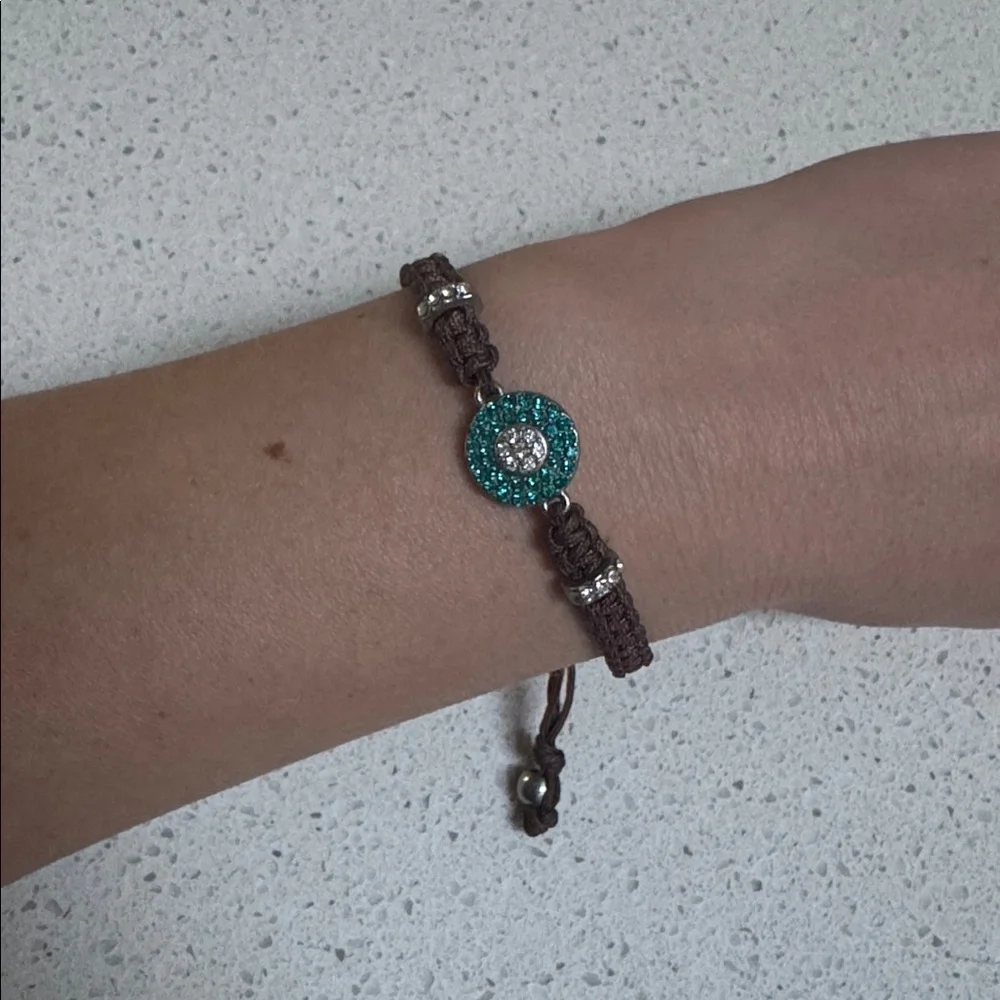 Blue pavé stone charm adjustable brown braided woven leather bracelet OS